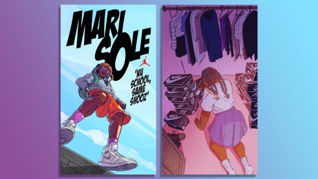 Side-by-side image of MariSole comic cover and an animated girl searching her closet full of Air Jordan sneakers