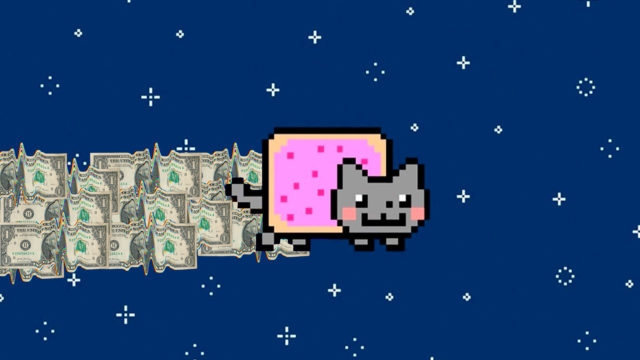 a cat with a poptart body and a trail of money behind it flying through a night sky