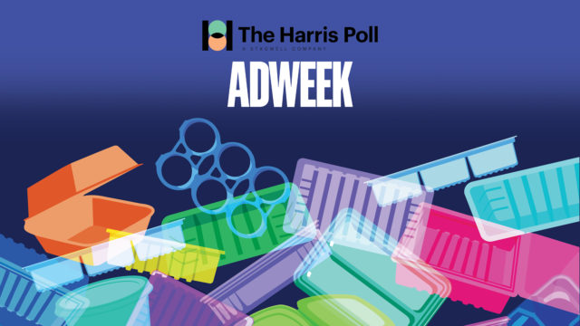Illustration of single-use products with The Harris Poll and Adweek logos on top