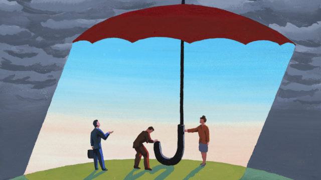 people standing under a giant umbrella with blue sky under it and gray clouds around it