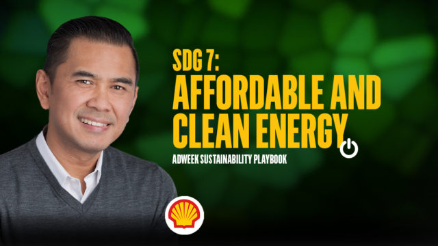 Dean Aragon headshot. Text: SDG 7 Affordable and Clean Energy. Adweek Sustainability Playbook.