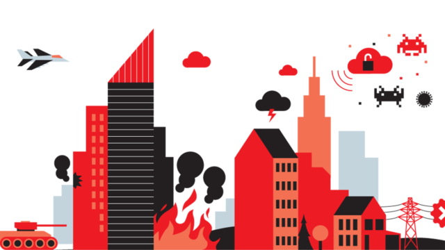 City skyline in red and black with fire, lightning