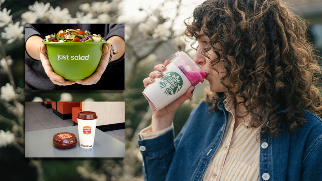 a woman drinking out of a starbucks cup on the right and someone holding a just salad container on the top left and reusable burger king containers on the bottom left
