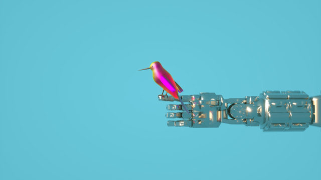 bird on a robot arm