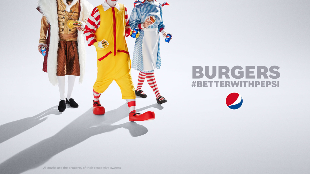 Pepi campaign featuring three burger chain mascots