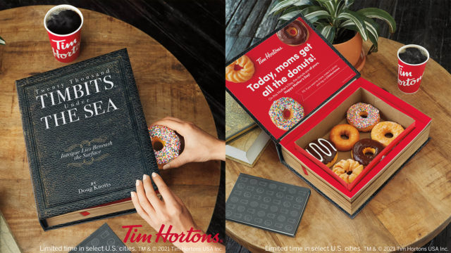 Side by side picture of a closed and open box of doughnuts in a box designed to look like a large book