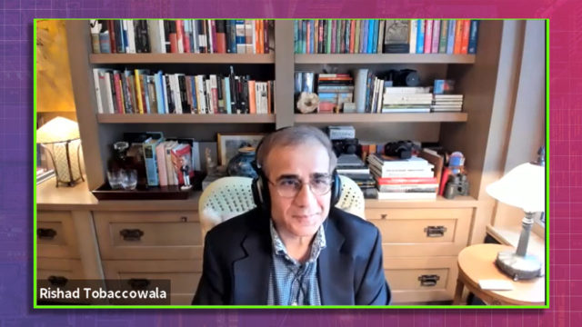 Rishad Tobaccowala on a zoom call in front of a bookcase