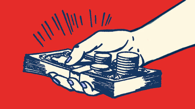 An illustration shows a hand holding a pile of money