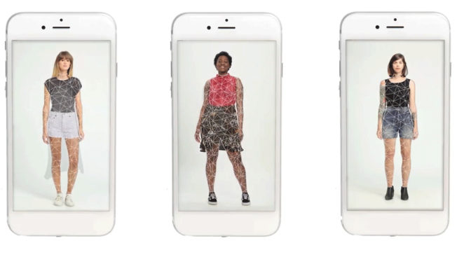 Smartphones show images of clothed people's bodies mapped into triangular segments.