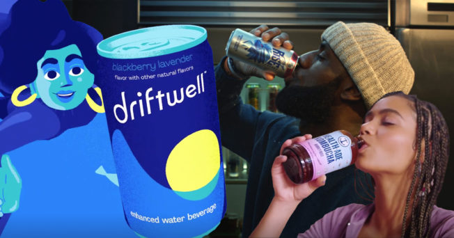 man drinking from a can surrounded by energy and wellness drinks