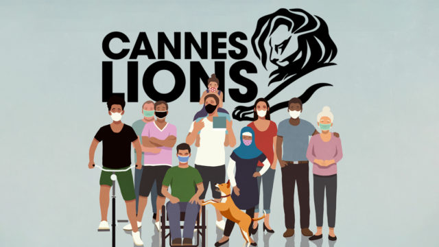 Cannes Lions logo with animation of diverse individuals wearing face masks.