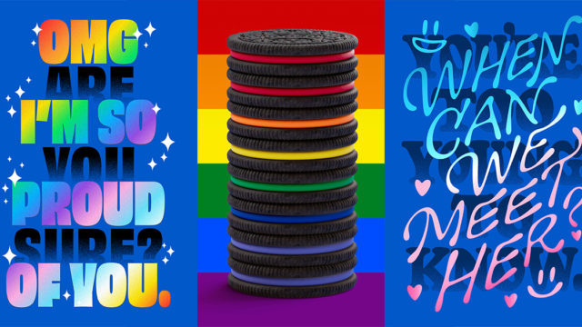 Rainbow-colored Oreos in between two queer-focused art pieces