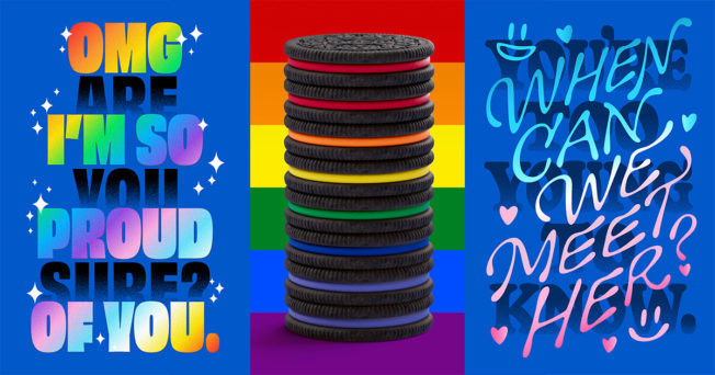 Rainbow-colored Oreos in between two queer-focused art pieces