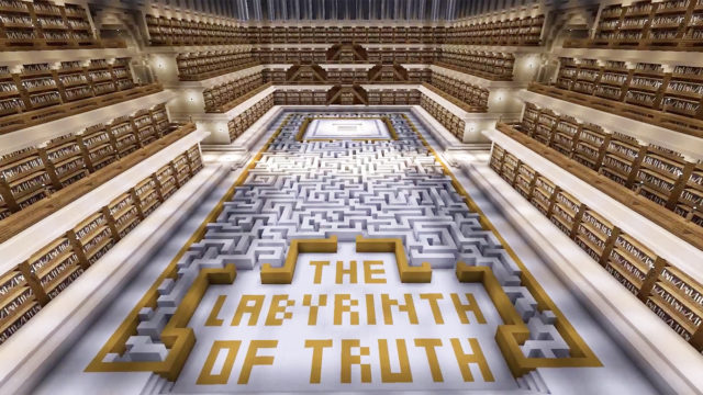 A large Minecraft building shaped like a maze is labeled The Labyrinth of Truth