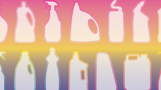 silhouettes of spray bottles and household cleaners on a colorful rainbow background