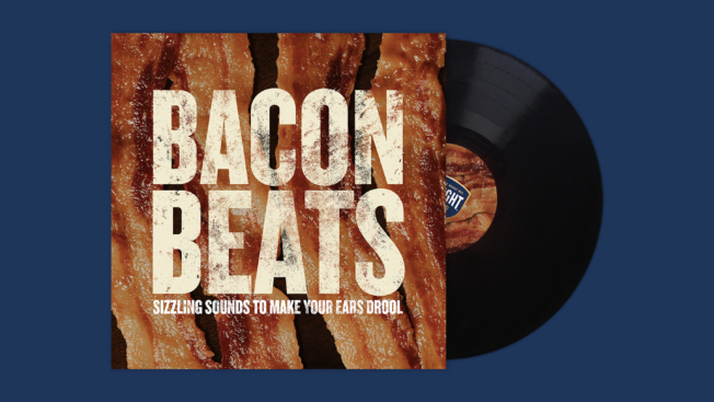 A vinyl record with bacon pictured in the album cover