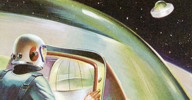 Vintage cartoon of astronaut in outer space.