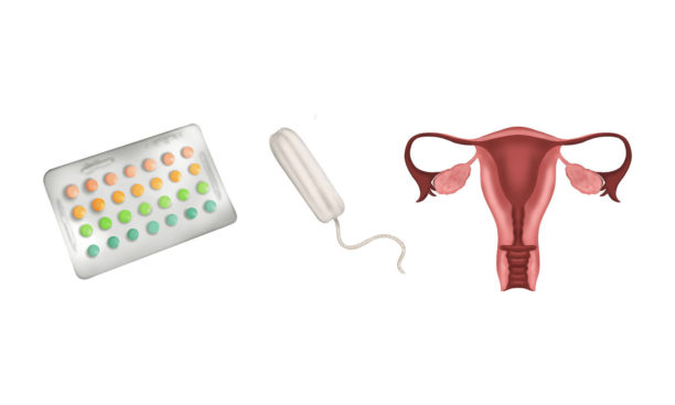 Emojis depicting birth control, tampons, and a uterus