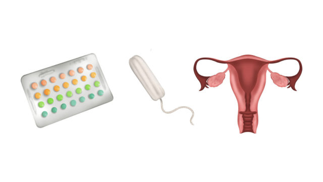Emojis depicting birth control, tampons, and a uterus