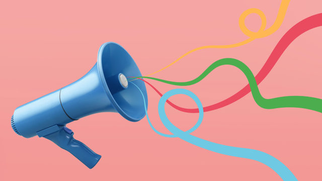 a megaphone with curly, colorful swirls coming out of it