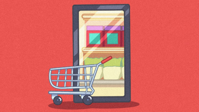 Graphic of storefront on an iPad and a shopping cart in front of it.