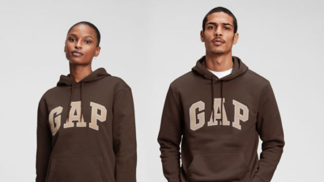 Two people wear brown Gap hooded sweatshirts.