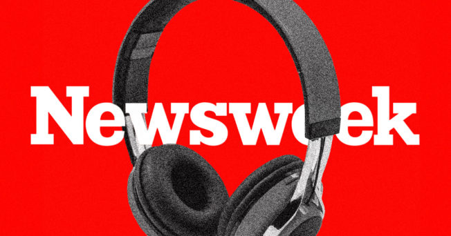 Newsweek logo with a pair of headphones