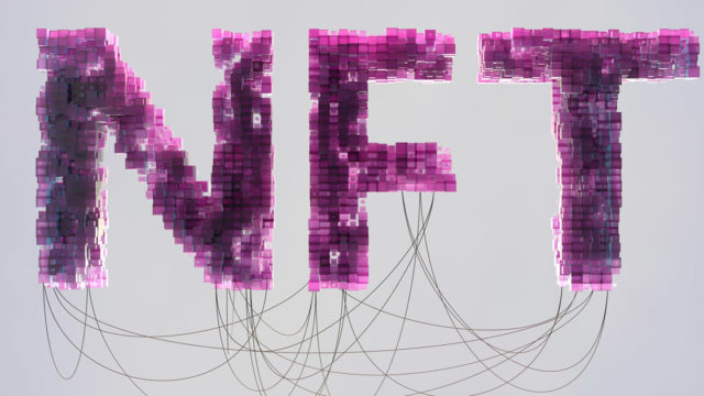 Graphic of the acronym NFT. Purple Text with wires behind it.