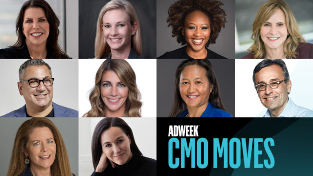 Collage of CMOs from article. Text reads: Adweek CMO Moves.