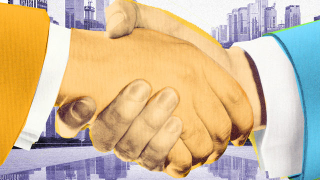 Animation of a handshake between two businesspeople.