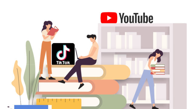 Animation of students sitting in a library surrounded by social media logos.