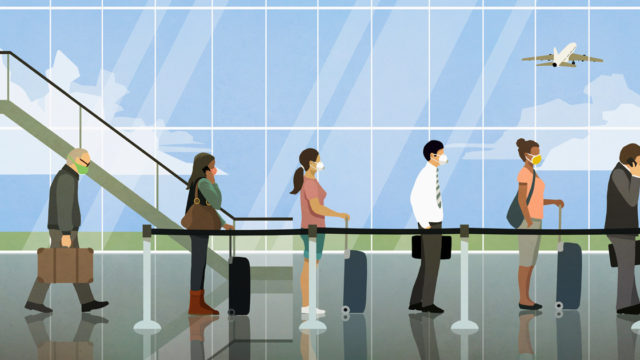 Animation of people waiting in line at the airport wearing face masks.