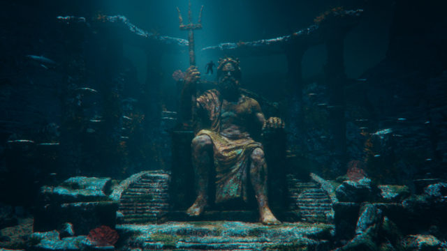 A Poseidon sculpture at the bottom of the ocean