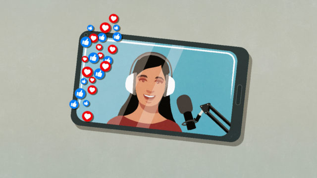 image of a person on a phone screen in a recording studio with 