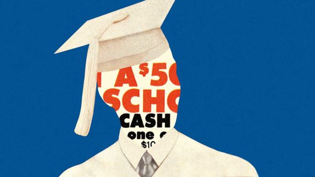 illustration of a person with a graduation cap on and CASH and dollar signs written over the face