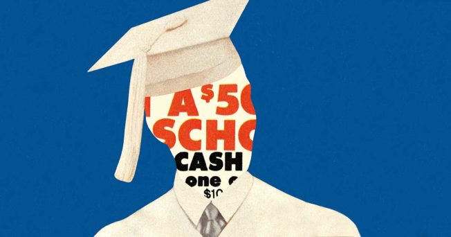 illustration of a person with a graduation cap on and CASH and dollar signs written over the face