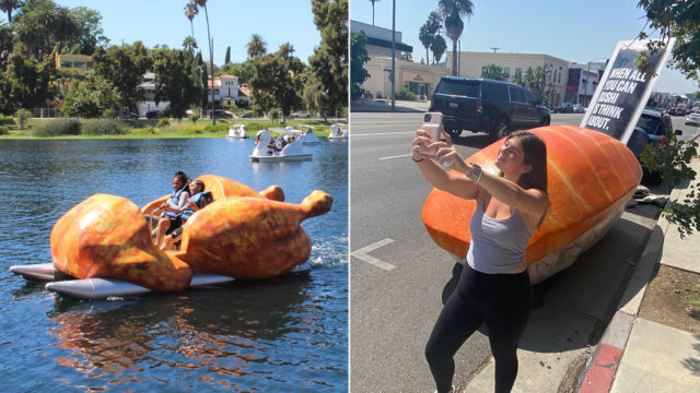 A paddle boat shaped like a chicken floats in a lake while in another photo a woman poses in front of a car-sized piece of sushi