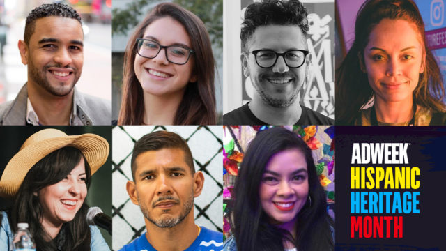 Compilation of headshots with colorful text that reads: Adweek Hispanic Heritage Month.