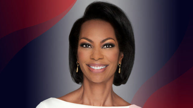 Harris Faulkner headshot with red waves on top and left corners.