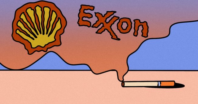 illustration of shell and exxon logos in smoke from a discarded smoking cigarette