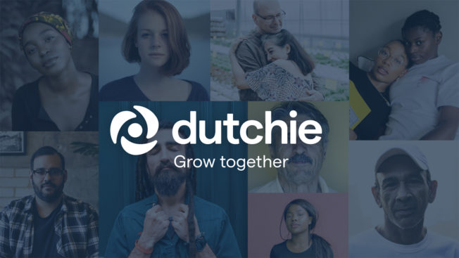 The Dutchie logo, three leaves spiraling around a circle, is shown in front of pictures of a variety of people