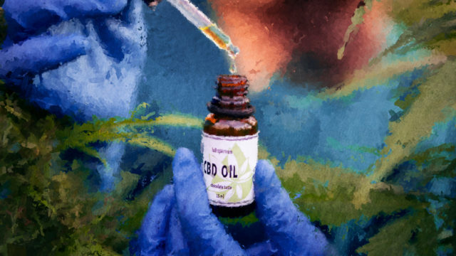 Photo of a gloved hand holding CBD oil.