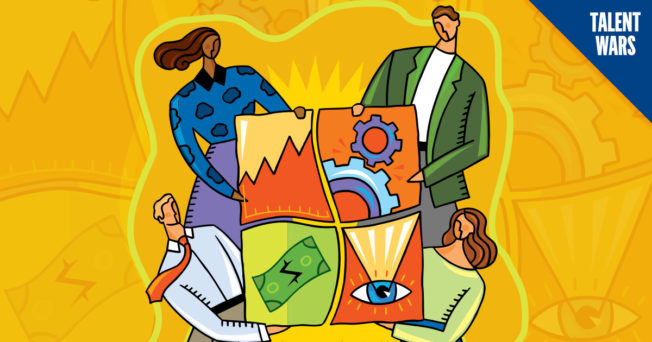 Illustration of 4 employees holding four puzzle pieces.
