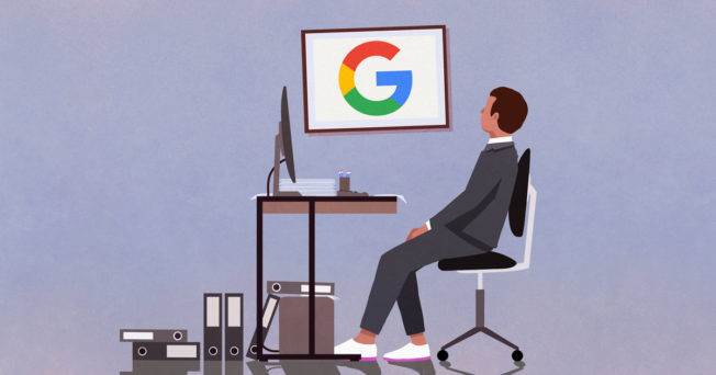 Illustration of man sitting at work looking at screen with google logo on it.