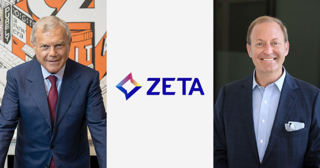 Photo shows images of Zeta Global CEO David Steinberg and S4 Capital's Sir Martin Sorrell standing on each side of the Zeta Global logo.
