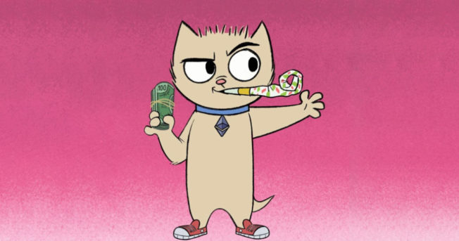 Animation of cat blowing a kazoo and holding wad of cash.