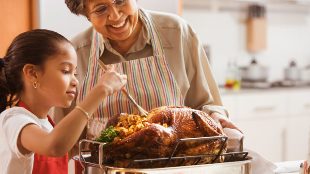 Photo of a Hispanic grandma and granddaughter basting a turkey,
