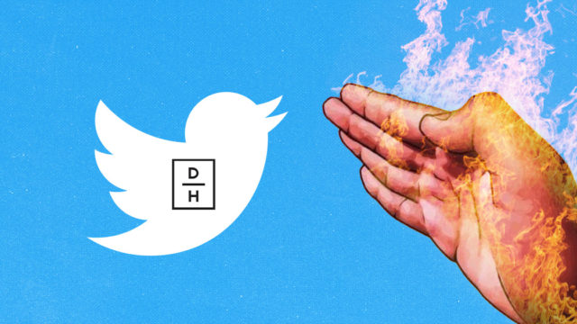 a twitter bird logo on the left with daily harvest's logo inside it and a fiery hand on the right