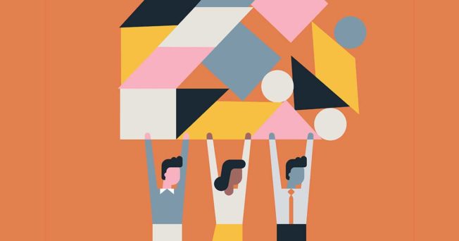 Three people holding up a collage of shapes