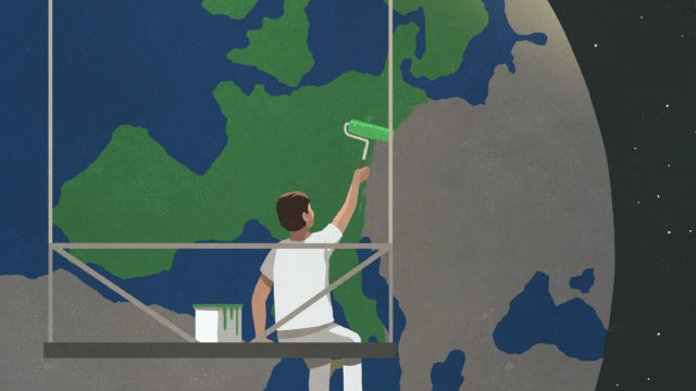 illustration of someone painting the earth with a green paint brush